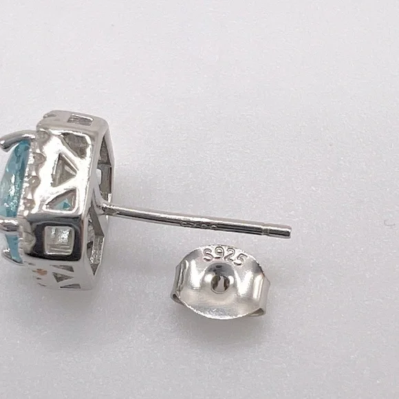 .925 Sterling Silver Halo Cushion Cut Simulated Aquamarine Cz Earrings - Picture 5 of 12